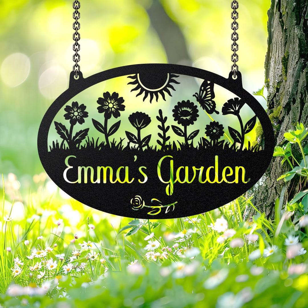 Custom Flower Garden Hanging Metal Sign, Butterfly Garden Decor ...