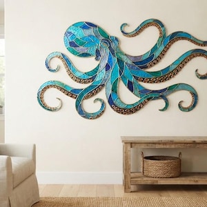 May include: A large wall-mounted octopus sculpture featuring a mosaic-style design with various shades of blue, teal, and green glass-like segments. The tentacles are outlined in a metallic bronze finish, showcasing detailed circular suction cups.