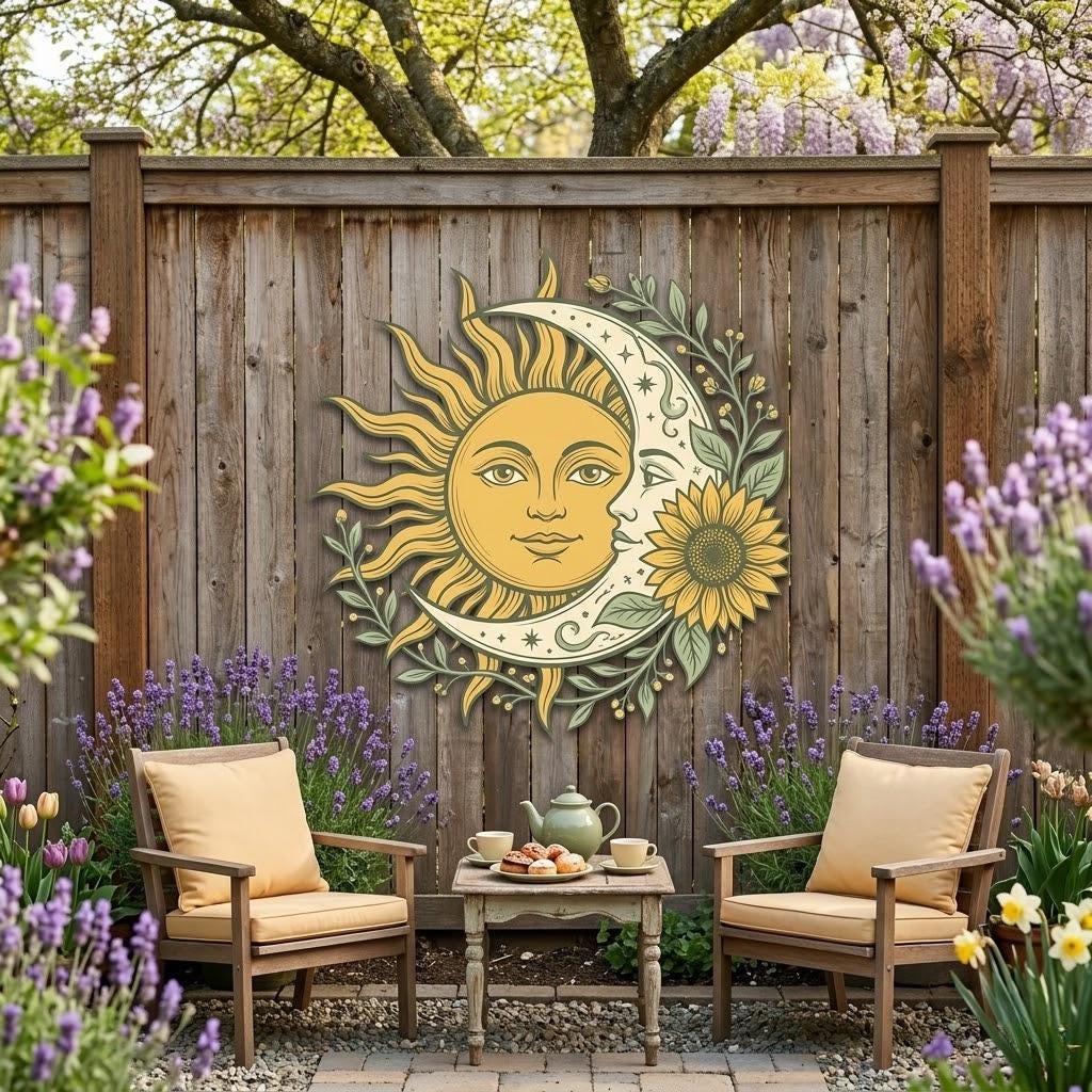 Celestial Sun Moon Metal Wall Art, Boho Sunflower Garden Decor, Rustic ...