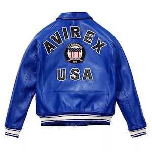 Handmade Men&#39;s Avirex Blue Real Cowhide Leather Jacket USA Avirex Jacket, Personlized Avirex Blue Jacket, Iconic Avirex Jacket Gift for him