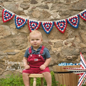 Crochet Pennant Banner Triangle Bunting Photography Prop RED WHITE and BLUE image 1