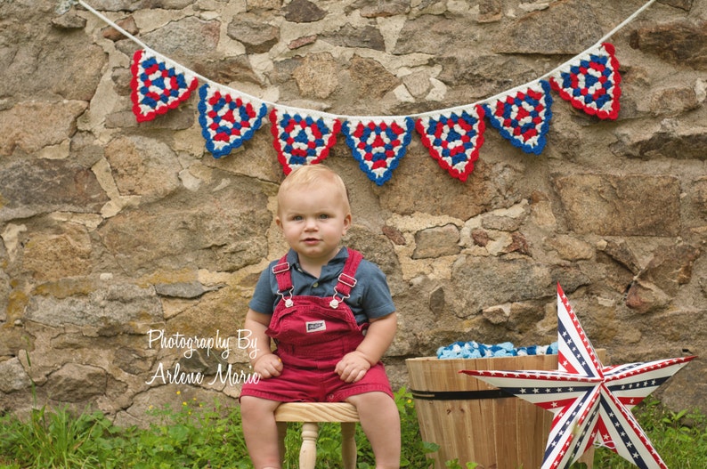 Crochet Pennant Banner Triangle Bunting Photography Prop RED WHITE and BLUE image 1