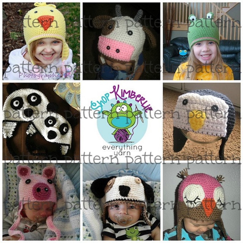 May include: A collage of images featuring various crocheted animal hats for babies and toddlers. The hats are in a variety of colors and designs, including a cow, a panda, a pig, a frog, an owl, a penguin, and a dog. The hats are all handmade and feature cute animal faces.