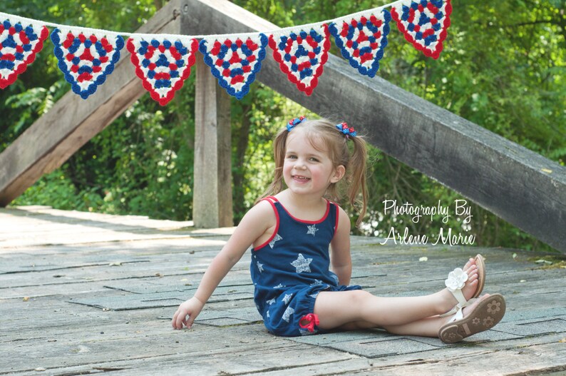 Crochet Pennant Banner Triangle Bunting Photography Prop RED WHITE and BLUE image 2