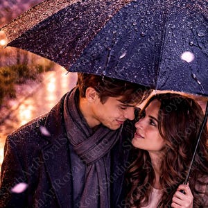 May include: A dark blue umbrella with visible raindrops on the canopy, held over two individuals standing close together. The umbrella features a sturdy frame and a curved handle, providing shelter during a rainy evening with soft ambient lighting.