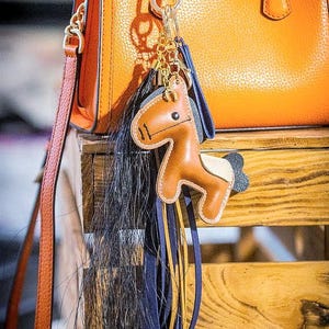 Handmade Horse Keychain – Soft Faux Leather Pony with Suede Tassel and Natural Horsehair Charm (37 cm)