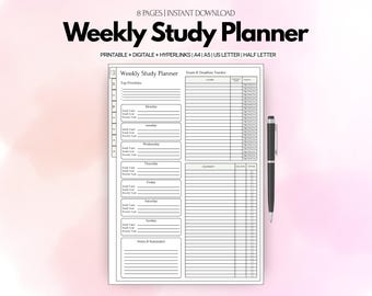 Planificador de estudio semanal imprimible / Bloqueo de tiempo para estudiantes (tamaños de carta A4 y A5)