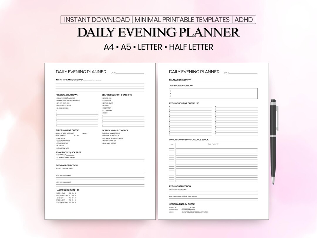 Daily Evening Planner Printable | Night Routine Shutdown Planner | ADHD ...