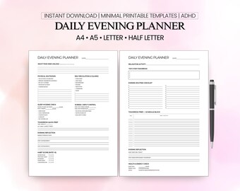 Daily Evening Planner Printable | Night Routine Shutdown Planner | ADHD Friendly Minimal PDF | Digital & Printable Instant Download