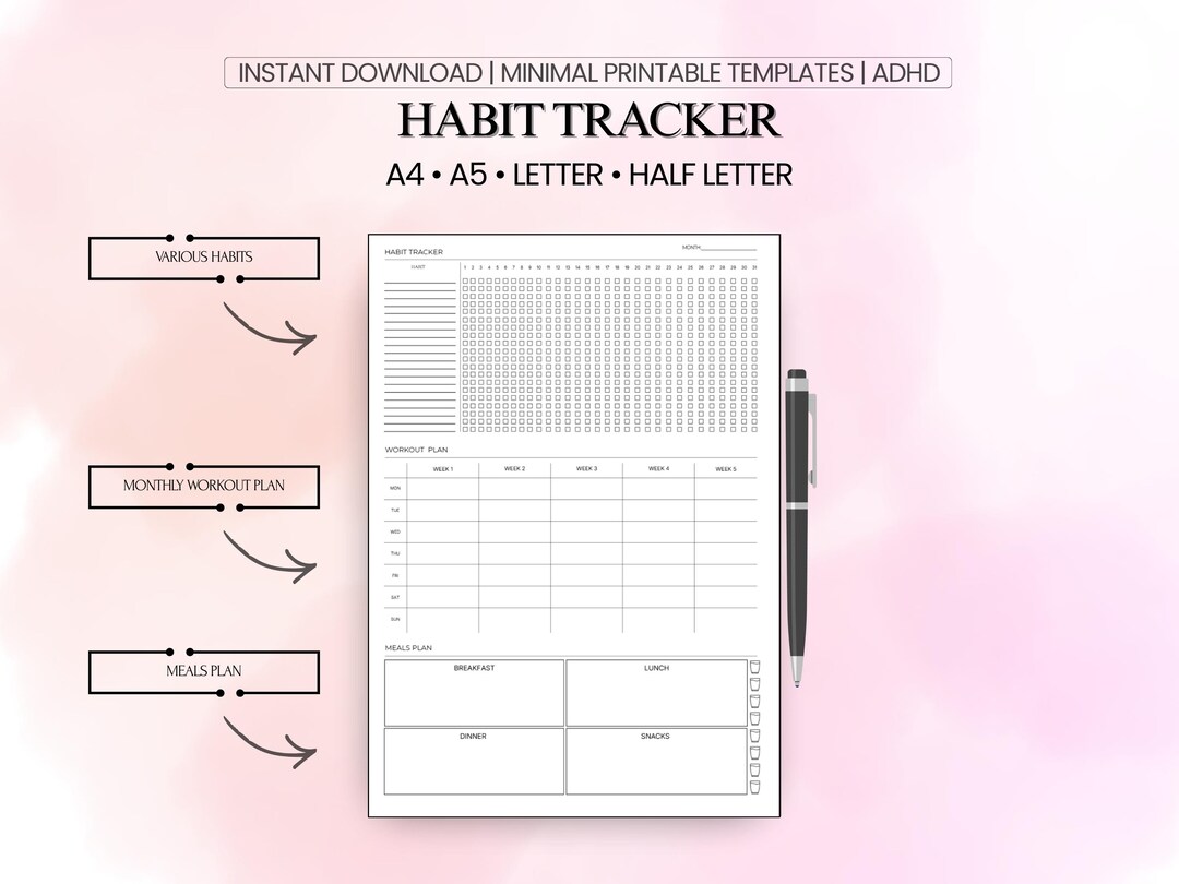 Monthly Habit Tracker Printable | Workout & Meal Planner (A4 A5 Letter ...