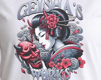 Geisha Oni Mask T-Shirt, Japanese Ukiyo-e Style Graphic Tee