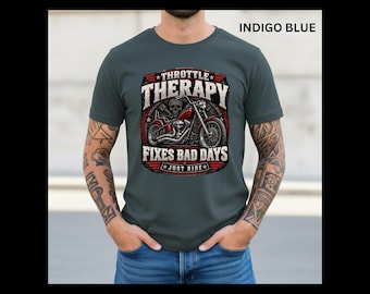 Throttle Therapy Motorcycle T-Shirt for Men, Biker Tee with Chopper Skull Artwork, Vintage Motorcycle Dad Gift, Funny Ride Shirt
