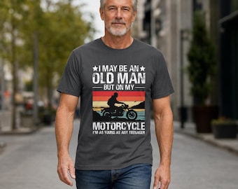 Motorcycle Tee, Old Man Biker Design with Distressed Sunset