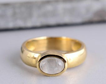 Gold Oval Moonstone Ring, Minimal Bezel Set Ring, Dainty Gold Statement Ring, June Birthstone Ring, Gift for Her