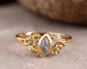 Gold Moonstone Leaf Ring | Marquise Moonstone Ring | Floral Nature Inspired Ring | Dainty Boho Gold Jewelry