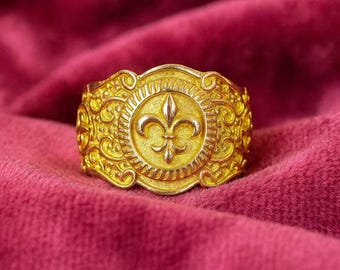 Gold Fleur de Lis Ring, Vintage Style Heraldic Ring, Medieval Signet Ring, Ornate Statement Ring, Royal Symbol Jewelry
