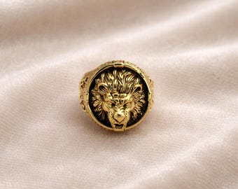 Anillo con cabeza de león dorado, anillo llamativo de león para hombre y mujer, joyería vintage de animales, anillo de sello llamativo, regalo para él y para ella.