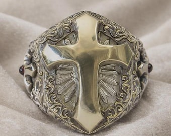 Mens Cross Ring, Knights Templar Ring, Christian Signet Ring, Medieval Gothic Ring, Shield Ring, Vintage Style Religious Jewelry Gift