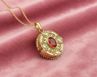 Vintage Poison Box Pendant Necklace, Secret Locket with Red Gemstone, Gothic Keepsake Jewelry, Victorian Style Necklace