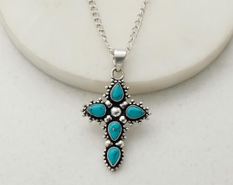 Collar con Cruz Turquesa – Colgante de Plata Estilo Boho Suroeste, Joyería Turquesa Western, Regalo Hecho a Mano para Ella, Amuleto de Cruz Boho