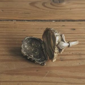 May include: An open, silver-toned locket ring with a detailed, ornate design. The locket is hinged and reveals an interior compartment. The ring features a fleur-de-lis design on the top and a ring band.