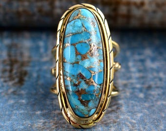 Gold Turquoise Ring • Large Oval Turquoise Statement Ring • Boho Western Jewelry • Handmade Gemstone Ring for Women • Adjustable Gold Ring