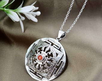 Tibetan Mandala Pendant, Dharma Wheel Necklace, Buddhist Symbol Silver Pendant, Meditation Jewelry, Spiritual Gift