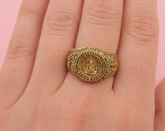 Gold Buddha Ring, Spiritual Signet Ring, Meditation Jewelry, Buddhist Jewelry, Boho Statement Ring, Vintage Style Gold Ring, Unisex Gift