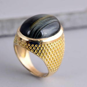 Blue Tiger’s Eye Ring – Bold Brass Statement Ring, Handmade Oval Cabochon Hawk’s Eye Ring, Unisex Vintage Style Jewelry, Protective Gift