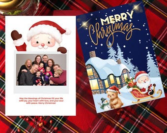 Plantilla de tarjeta navideña con foto, tarjeta navideña imprimible con foto familiar, tarjeta navideña editable con resumen del año.