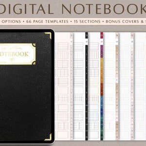May include: A digital notebook with a black cover and gold accents. The notebook includes 66 page templates, 15 sections, and bonus covers and stickers. The text on the cover reads "NOTEBOOK". The image also shows 8 color options.