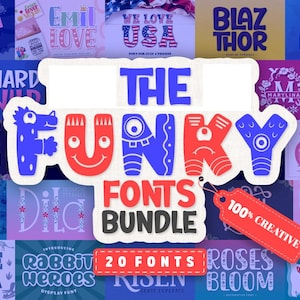 May include: A collection of 20 unique fonts, with a playful and colorful design. The title "THE FUNKY FONTS BUNDLE" is prominently displayed, along with a red tag that reads "100% CREATIVE". Various font styles are showcased in the background.