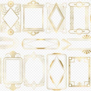 Puede incluir: Una colección de marcos dorados de estilo art déco en varias formas, incluyendo rectángulos, diamantes y óvalos. Los marcos tienen intrincados diseños geométricos y están sobre un fondo transparente.