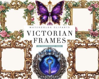 Watercolor Victorian Frame Clipart, Ornate Antique PNG Bundle