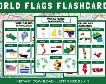 World Flags Flashcards, Geography Learning Game (Digital Download)