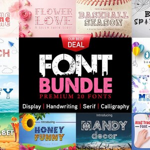 Könnte beinhalten: Eine Sammlung von Schriftarten in verschiedenen Stilen, darunter Display, Handschrift, Serif und Kalligraphie. Das Bild zeigt Schriftarten wie "TinLine", "Flower Love", "Baseball Season" und "Black Spider Web". Eine zentrale Grafik bewirbt ein "Font Bundle" mit 20 Premium-Schriftarten.