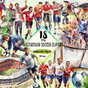 Watercolor Soccer Clipart PNG Graphics Bundle for Sublimation Designs, Sports Printable Art, High Resolution Football PNG Downloads