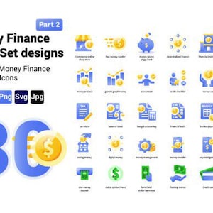 May include: A set of 30 money and finance business icons in a flat design style. The icons are in blue, yellow, and green, and include images of money, charts, and financial transactions. The text "Money Finance Icons Set designs" is displayed.