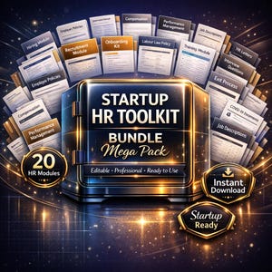 Könnte beinhalten: Eine digitale Grafik mit einem zentralen dunklen Tresor mit Goldrand, beschriftet mit STARTUP HR TOOLKIT BUNDLE Mega Pack. Er ist umgeben von zahlreichen Dokumentenseiten mit Titeln wie Hiring Module und Onboarding Kit sowie Abzeichen für 20 HR Modules, Instant Download und Startup Ready.