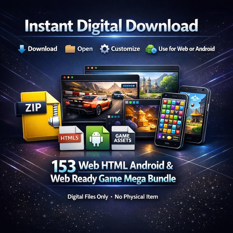 May include: A digital product bundle featuring a yellow ZIP folder icon, HTML5, Android, and game asset file icons, and screens displaying game graphics. Text includes Instant Digital Download, 153 Web HTML Android & Web Ready Game Mega Bundle.