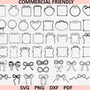 Könnte beinhalten: Schwarz-Weiß-Illustrationen mit verschiedenen Schleifendesigns und dekorativen Rahmen. Das Bild enthält oben den Text "COMMERCIAL FRIENDLY" und unten "SVG PNG DXF PDF".