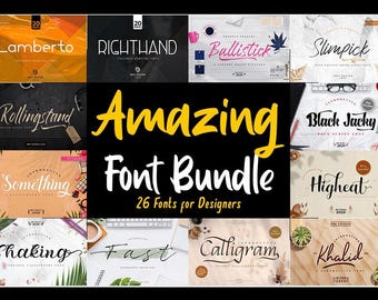 May include: A promotional image showcasing a font bundle with various font styles. The central text reads "Amazing Font Bundle" with "26 Fonts for Designers" below. Several font examples are displayed, including "Lamberto", "Righthand", and "Ballistick".