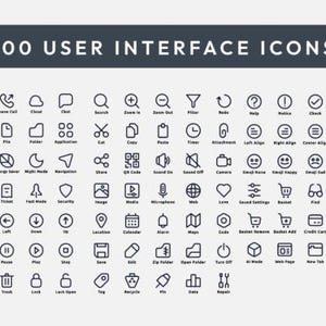 May include: A collection of 100 user interface icons in a minimalist style. The icons are black and white, featuring various symbols for web and app design, including icons for settings, shopping carts, and social media.