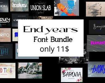 May include: A collection of various font styles, including "Salmon," "Jingkey," and "Union Slab," arranged on a black background. A central white rectangle displays "End years Font Bundle."