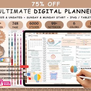 Puede incluir: Planificador digital con el texto "75% OFF ULTIMATE DIGITAL PLANNER". El planificador incluye 570+ planificadores, 748 páginas, 6000 pegatinas, 99+ cuadernos, 6 colores y 100+ plantillas. Una mano usa un lápiz óptico en una tableta.