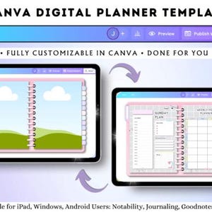 May include: Digital planner template displayed on two tablets. The left tablet shows a landscape scene with clouds and green hills. The right tablet displays a weekly meal planner and a Sunday plan. Text includes "CANVA DIGITAL PLANNER TEMPLATE" and "FULLY CUSTOMIZABLE IN CANVA".