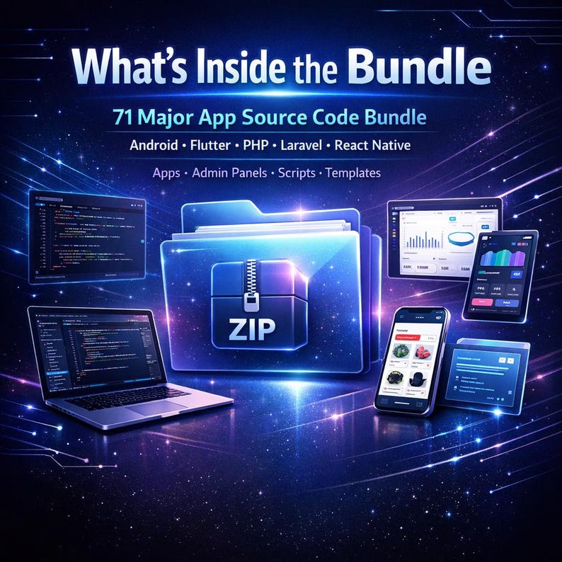 K&ouml;nnte beinhalten: Digitalgrafik mit dem Text "What's Inside the Bundle" und "71 Major App Source Code Bundle". Das Bild zeigt einen Laptop, ein Smartphone, ein Tablet und einen Ordner mit einem ZIP-Symbol, das App-Entwicklungselemente pr&auml;sentiert.