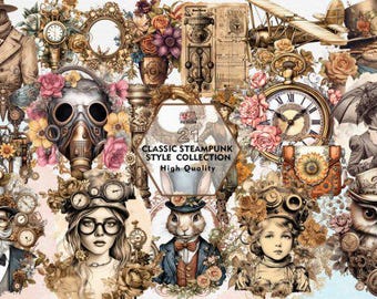 Steampunk Gears Clipart PNG Bundle : oeuvre d'art imprimable vintage (téléchargement numérique
