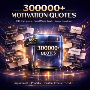 May include: A digital graphic featuring a central dark blue safe with the text 300000+ QUOTES. Surrounding the safe are floating rectangular cards labeled with terms like Success, Motivation, Discipline, Happiness, Positivity, Mindset, Confidence, Self Growth, Leadership, Productivity, Wisdom, and Business. The background is dark with gold light streaks.