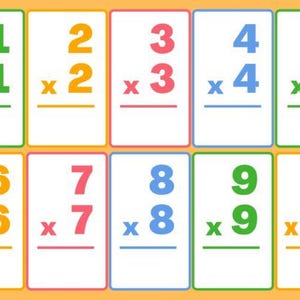 May include: Colorful multiplication flash cards with numbers 1 through 10. Each card features a multiplication problem with a different color for each number. The cards are arranged in a grid on a yellow background, ideal for educational use.